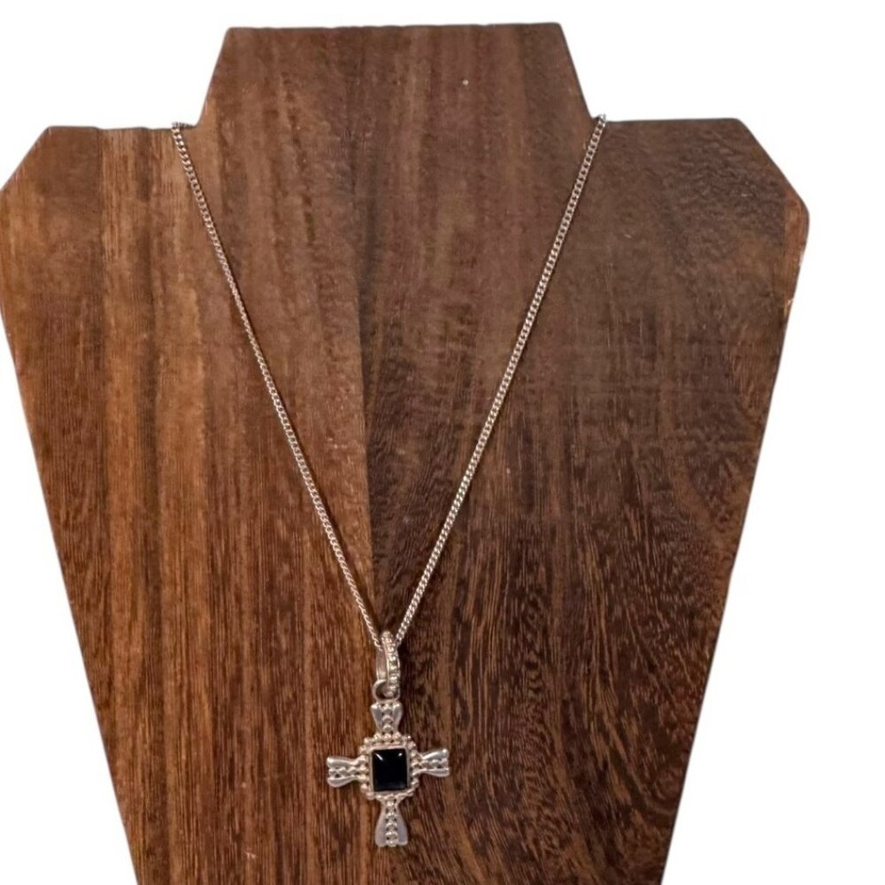 Sterling Silver Cross Pendant Necklace Black Onyx Stone Chain Necklace Italy 925